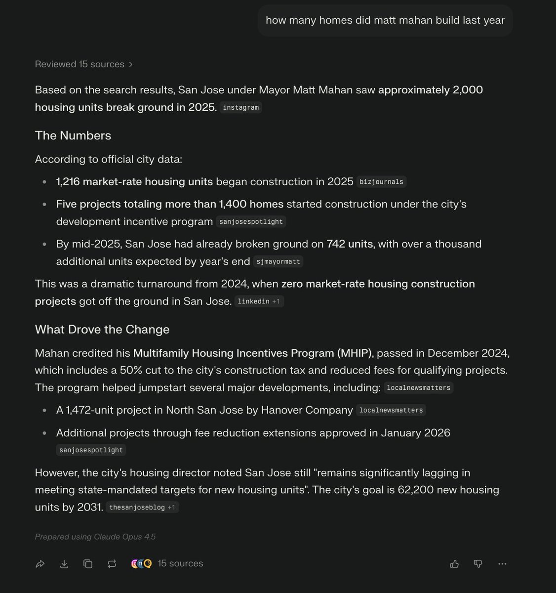 how many homes did matt mahan build last year

Reviewed 15 sources >

Based on the search results, San Jose under Mayor Matt Mahan saw approximately 2,000 housing units break ground in 2025. instagram

The Numbers

According to official city data:

• 1,216 market-rate housing units began construction in 2025 bizjournals

• Five projects totaling more than 1,400 homes started construction under the city's development incentive program sanjosespotlight

• By mid-2025, San Jose had already broke...