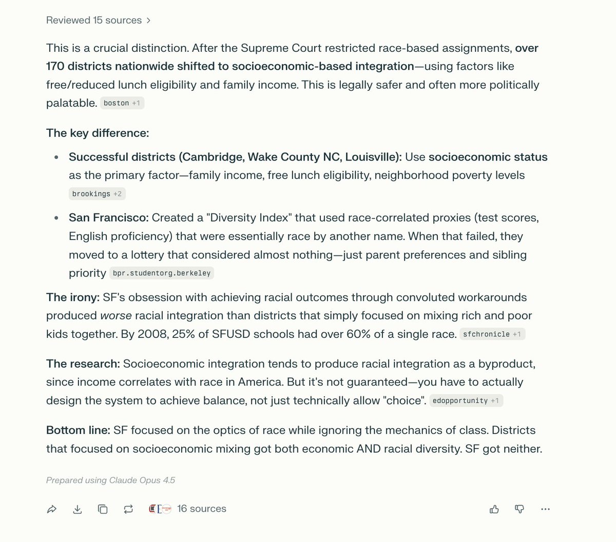 Reviewed 15 sources >

This is a crucial distinction. After the Supreme Court restricted race-based assignments, over 170 districts nationwide shifted to socioeconomic-based integration—using factors like free/reduced lunch eligibility and family income. This is legally safer and often more politically palatable. boston +1

The key difference:

• Successful districts (Cambridge, Wake County NC, Louisville): Use socioeconomic status as the primary factor—family income, free lunch eligibility, ...