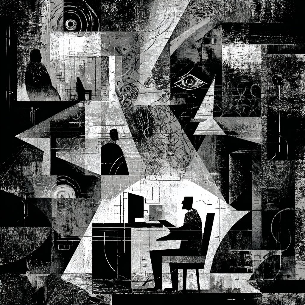 This is a black and white artistic illustration or print in a cubist/modernist style depicting a complex, multi-layered architectural space. The image shows various human silhouettes positioned throughout fragmented geometric structures that include staircases, platforms, and angular shapes. There are several symbolic elements including eyes, circular/spiral motifs, and what appears to be a central figure seated at a desk or workstation. The composition uses strong contrasts between light and...