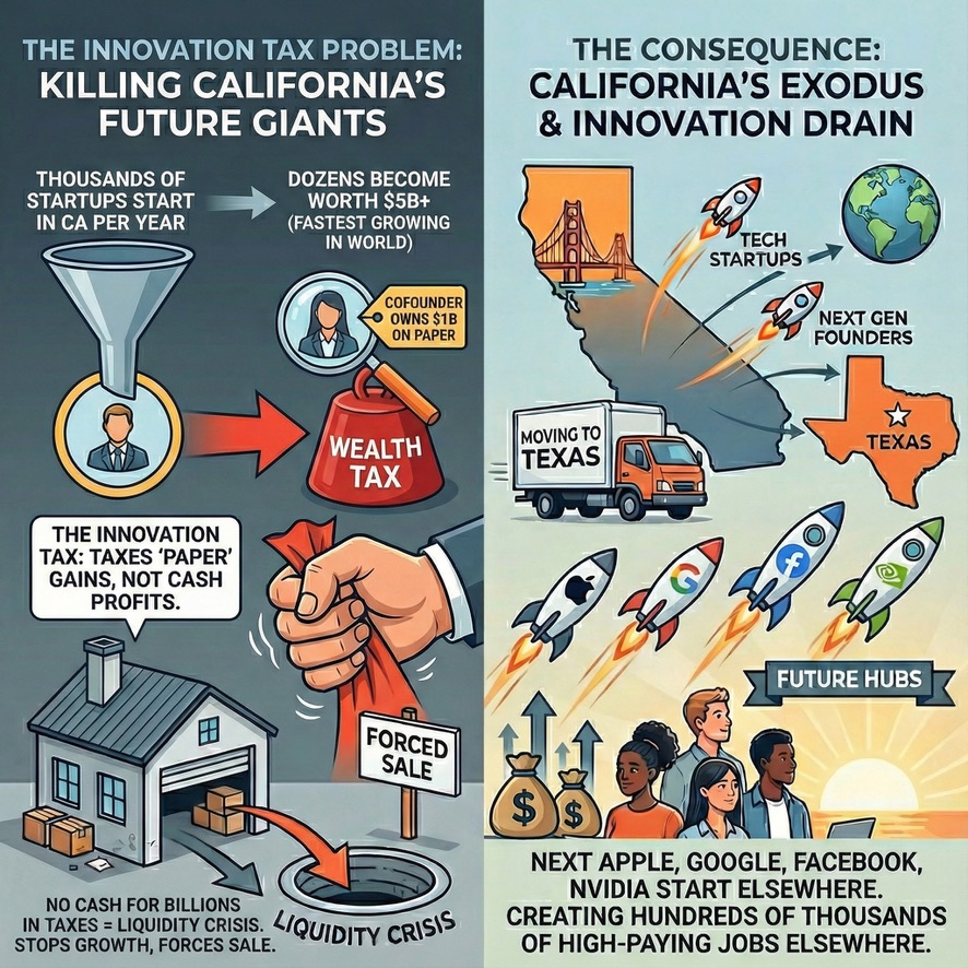 THE INNOVATION TAX PROBLEM:
KILLING CALIFORNIA'S
FUTURE GIANTS

THE CONSEQUENCE:
CALIFORNIA'S EXODUS
& INNOVATION DRAIN

THOUSANDS OF
STARTUPS START
IN CA PER YEAR

DOZENS BECOME
WORTH $5B+
(FASTEST GROWING
IN WORLD)

COFOUNDER
OWNS $1B
ON PAPER

WEALTH
TAX

THE INNOVATION
TAX: TAXES 'PAPER'
GAINS, NOT CASH
PROFITS.

FORCED
SALE

NO CASH FOR BILLIONS
IN TAXES = LIQUIDITY CRISIS.
STOPS GROWTH, FORCES SALE.

LIQUIDITY CRISIS

TECH
STARTUPS

NEXT GEN
FOUNDERS

TEXAS

MOVING TO
TEXAS

FUTURE HUBS...