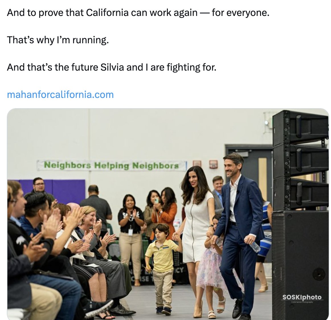 And to prove that California can work again — for everyone.

That's why I'm running.

And that's the future Silvia and I are fighting for.

mahanforcalifornia.com

Neighbors Helping Neighbors

SOSKIphoto