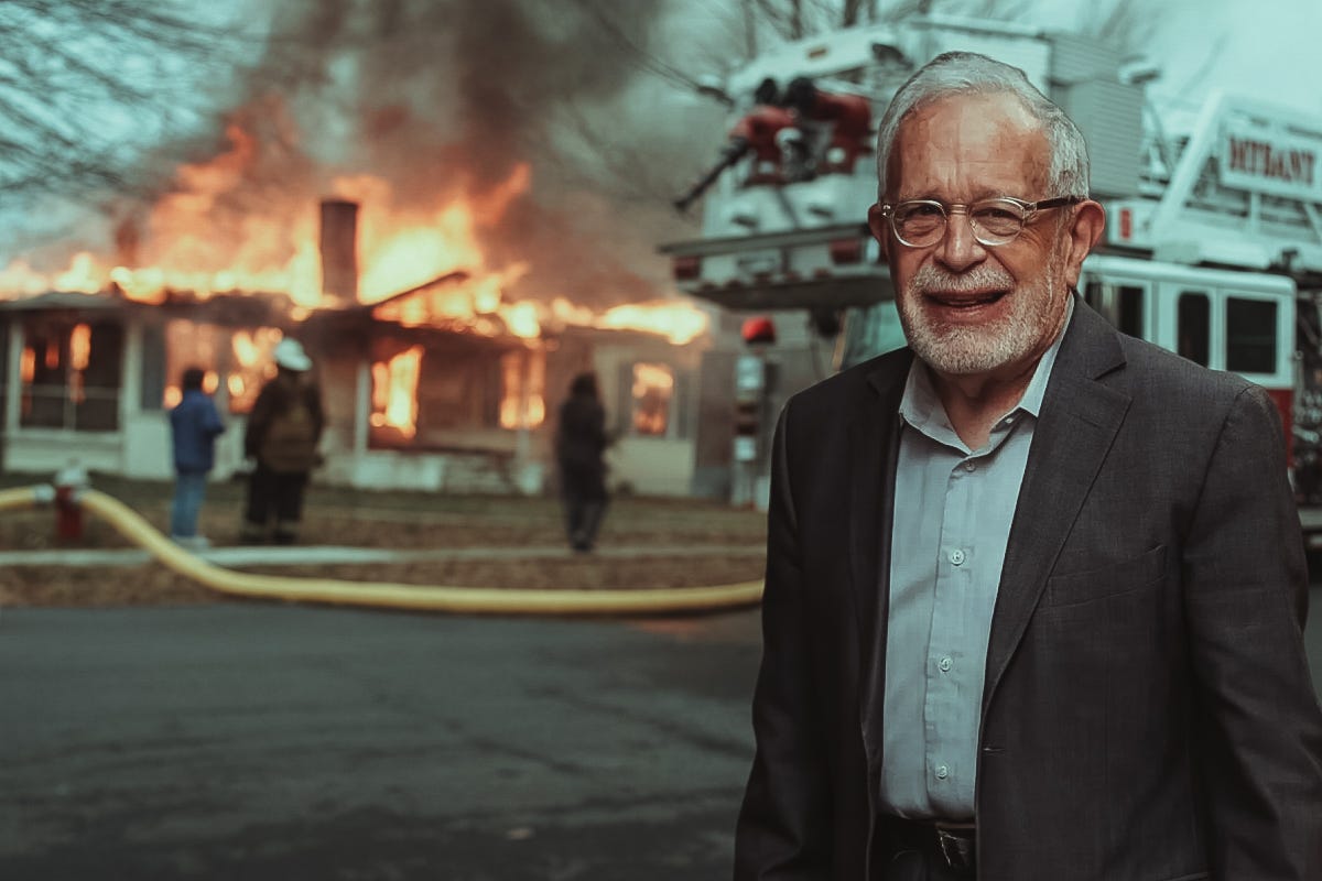 This is a photograph showing an elderly man in a dark suit jacket and light blue shirt standing in the foreground, smiling at the camera. He has white hair, glasses, and a white beard. Behind him is a dramatic scene of what appears to be a riverboat or paddle wheeler engulfed in flames, with thick black smoke billowing into the sky. There are silhouettes of people and emergency responders visible near the burning vessel. The image has a somewhat surreal quality, as the man's calm, pleasant de...