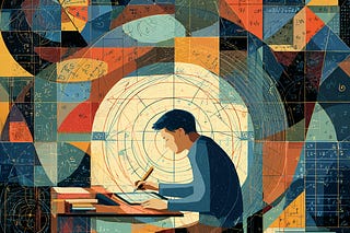 This is a stylized digital artwork featuring a geometric, mosaic-like composition with warm and cool tones including oranges, blues, and earth tones. The image shows a person with dark hair leaning over what appears to be a desk or table, writing or working on papers. Behind the figure is a large circular design that resembles a target, radar screen, or technical diagram with concentric circles and grid lines. The overall style is reminiscent of mid-century modern design or constructivist art...