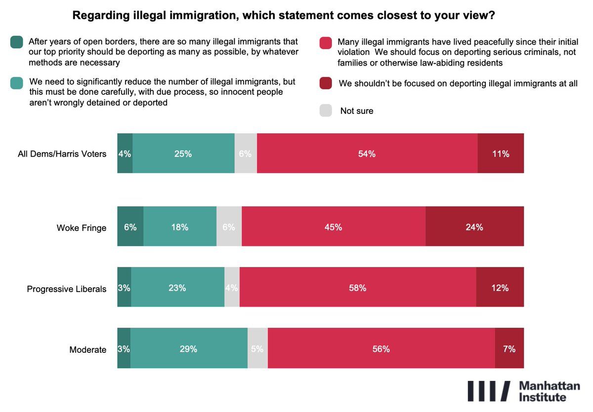 Regarding illegal immigration, which statement comes closest to your view?

LEGEND:
- After years of open borders, there are so many illegal immigrants that our top priority should be deporting as many as possible, by whatever methods are necessary
- We need to significantly reduce the number of illegal immigrants, but this must be done carefully, with due process, so innocent people aren't wrongly detained or deported
- Many illegal immigrants have lived peacefully since their initial violat...