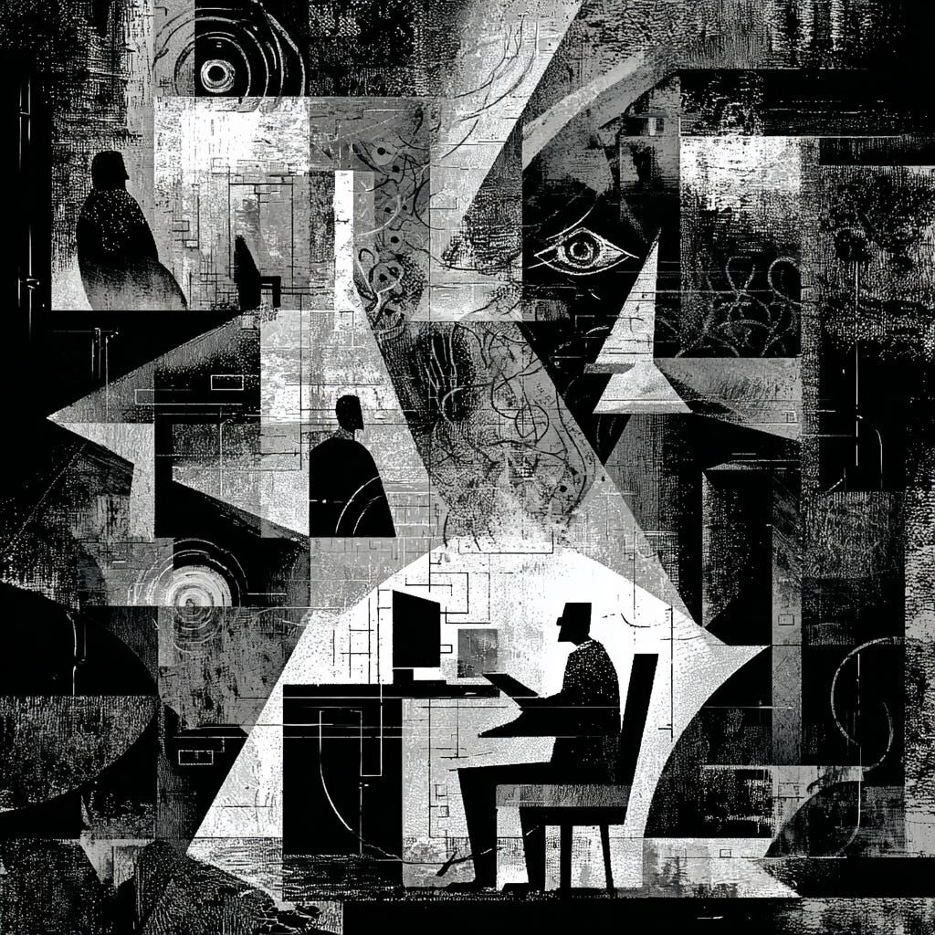 This is a black and white artistic illustration or print in a cubist/modernist style depicting a complex, multi-layered architectural space. The image shows various human silhouettes positioned throughout fragmented geometric structures that include staircases, platforms, and angular shapes. There are several symbolic elements including eyes, circular/spiral motifs, and what appears to be a central figure seated at a desk or workstation. The composition uses strong contrasts between light and...