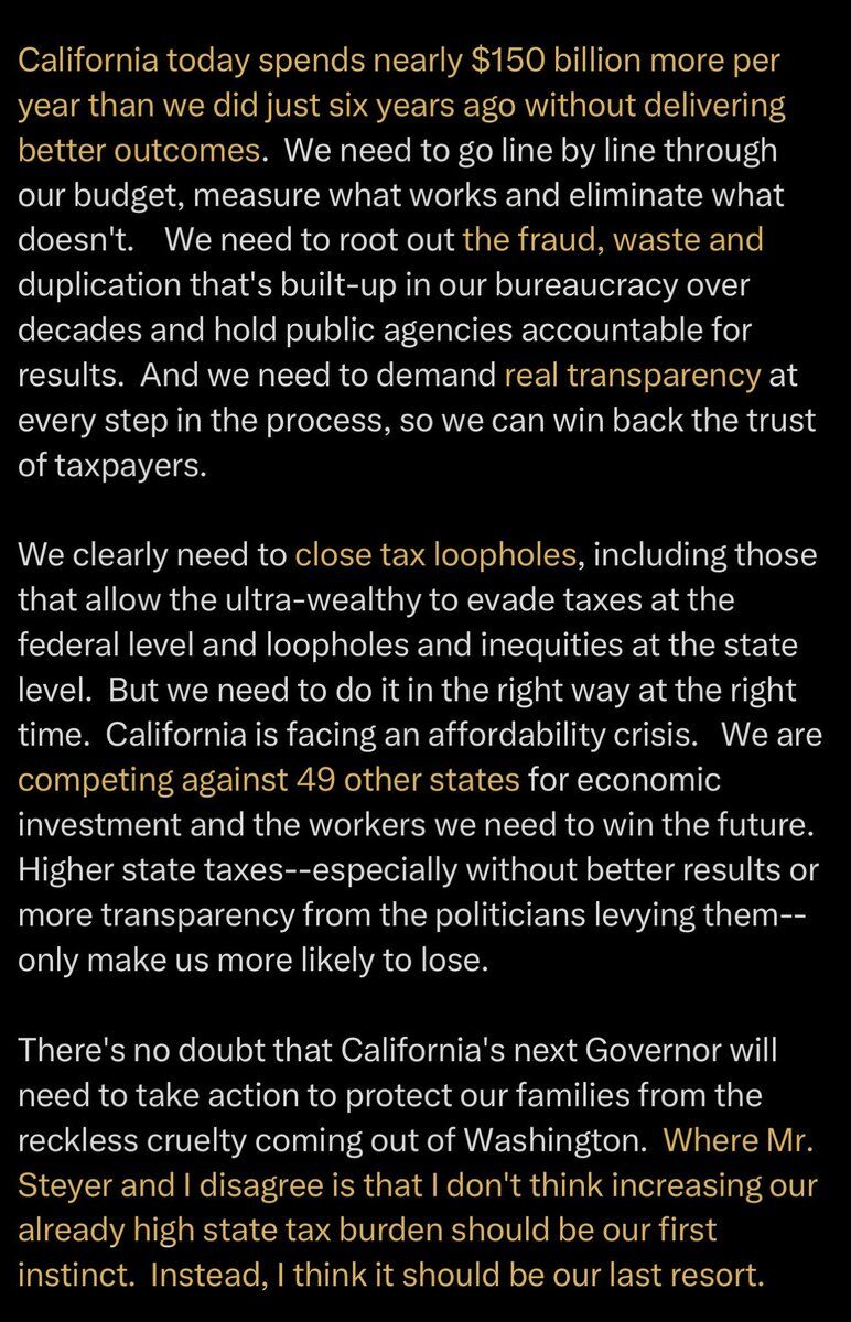California today spends nearly $150 billion more per year than we did just six years ago without delivering better outcomes. We need to go line by line through our budget, measure what works and eliminate what doesn't. We need to root out the fraud, waste and duplication that's built-up in our bureaucracy over decades and hold public agencies accountable for results. And we need to demand real transparency at every step in the process, so we can win back the trust of taxpayers.

We clearly ne...
