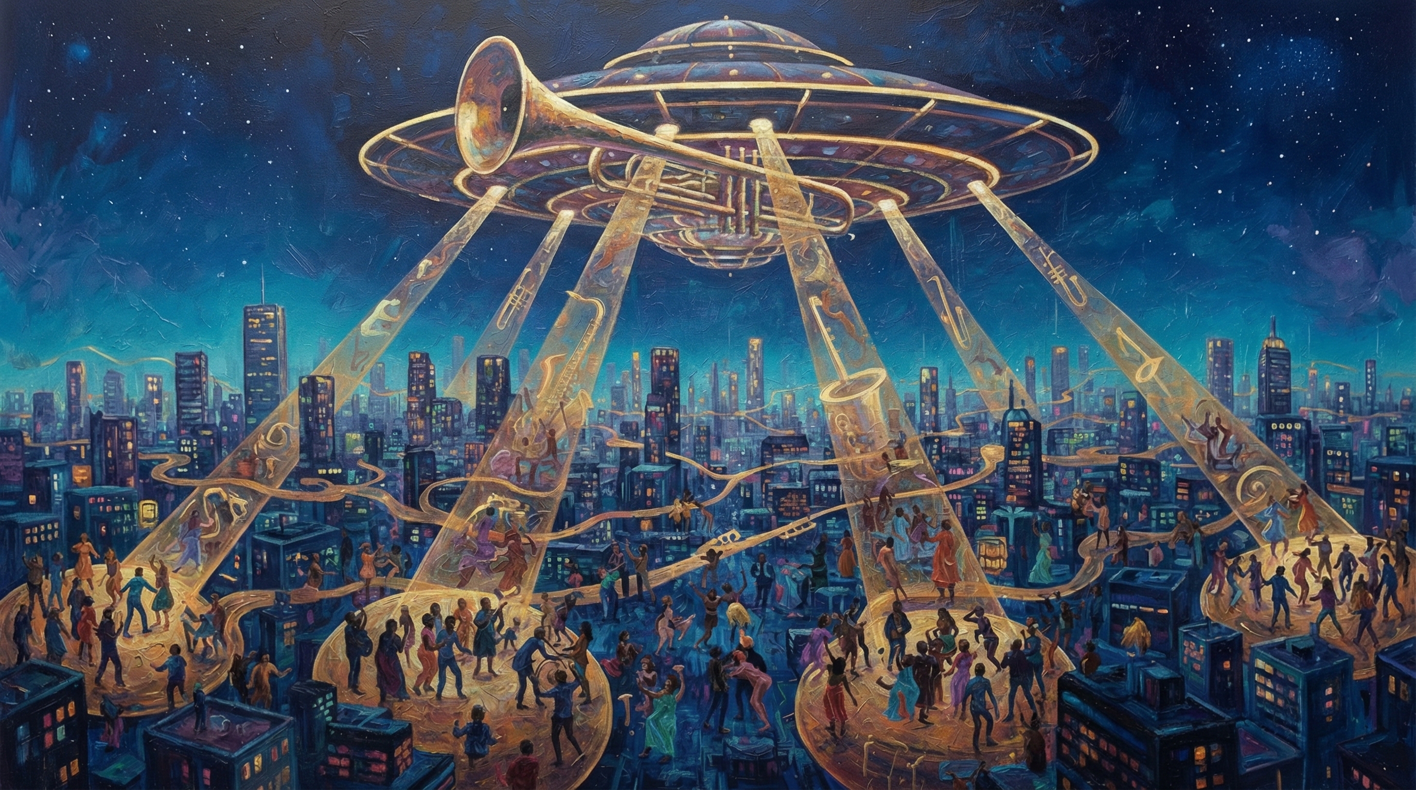 This is a surreal digital artwork depicting a fantastical scene where giant musical instruments - including trumpets, saxophones, and other brass instruments - descend from a UFO-like spacecraft hovering over a nighttime city skyline. The instruments appear to be beaming down golden, translucent pathways onto the urban landscape below, where crowds of small human figures are gathered. The scene has a dreamlike quality with a deep blue starry sky background and illuminated buildings creating a...