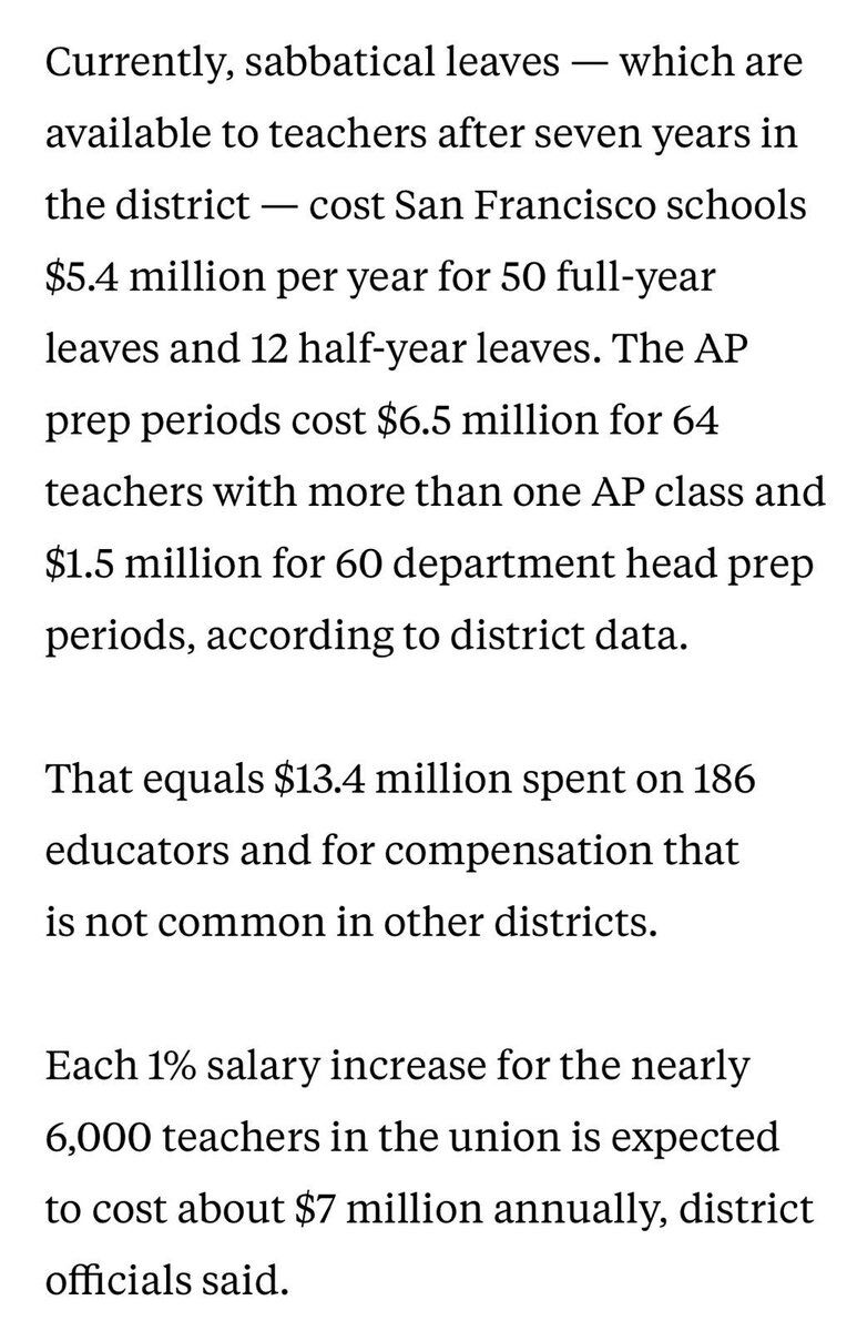 Currently, sabbatical leaves — which are available to teachers after seven years in the district — cost San Francisco schools $5.4 million per year for 50 full-year leaves and 12 half-year leaves. The AP prep periods cost $6.5 million for 64 teachers with more than one AP class and $1.5 million for 60 department head prep periods, according to district data.

That equals $13.4 million spent on 186 educators and for compensation that is not common in other districts.

Each 1% salary increase f...