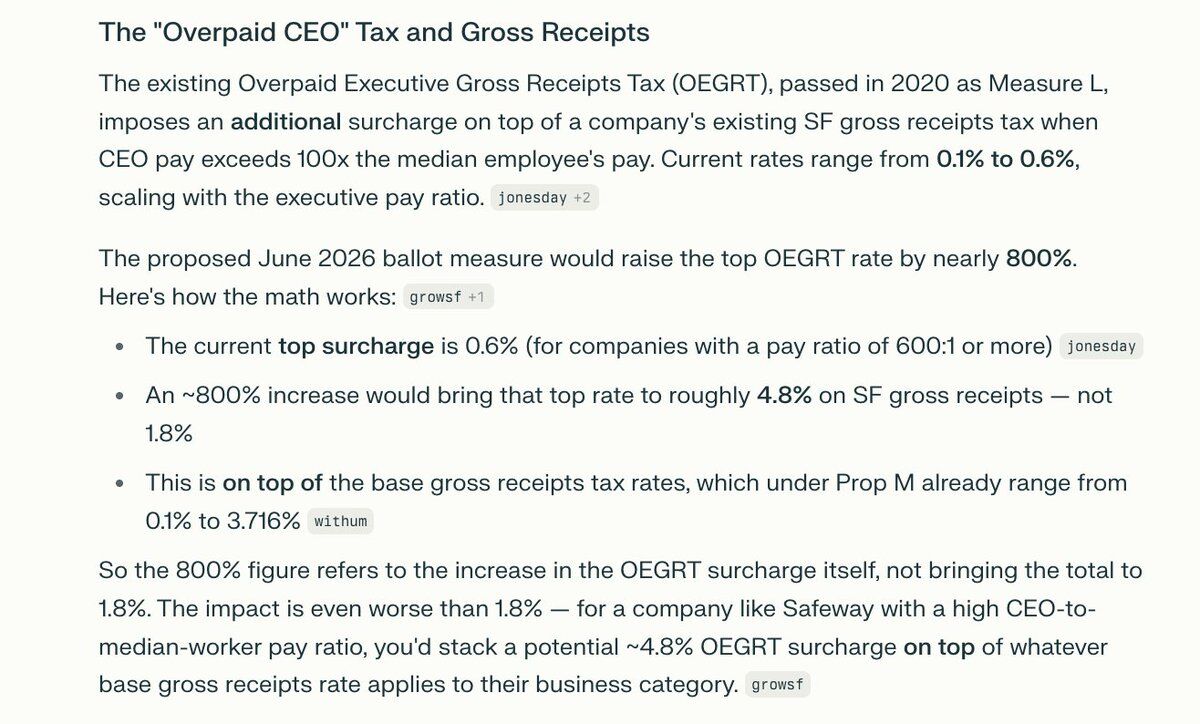 The "Overpaid CEO" Tax and Gross Receipts

The existing Overpaid Executive Gross Receipts Tax (OEGRT), passed in 2020 as Measure L, imposes an additional surcharge on top of a company's existing SF gross receipts tax when CEO pay exceeds 100x the median employee's pay. Current rates range from 0.1% to 0.6%, scaling with the executive pay ratio. jonesday +2

The proposed June 2026 ballot measure would raise the top OEGRT rate by nearly 800%. Here's how the math works: growsf +1

• The current ...