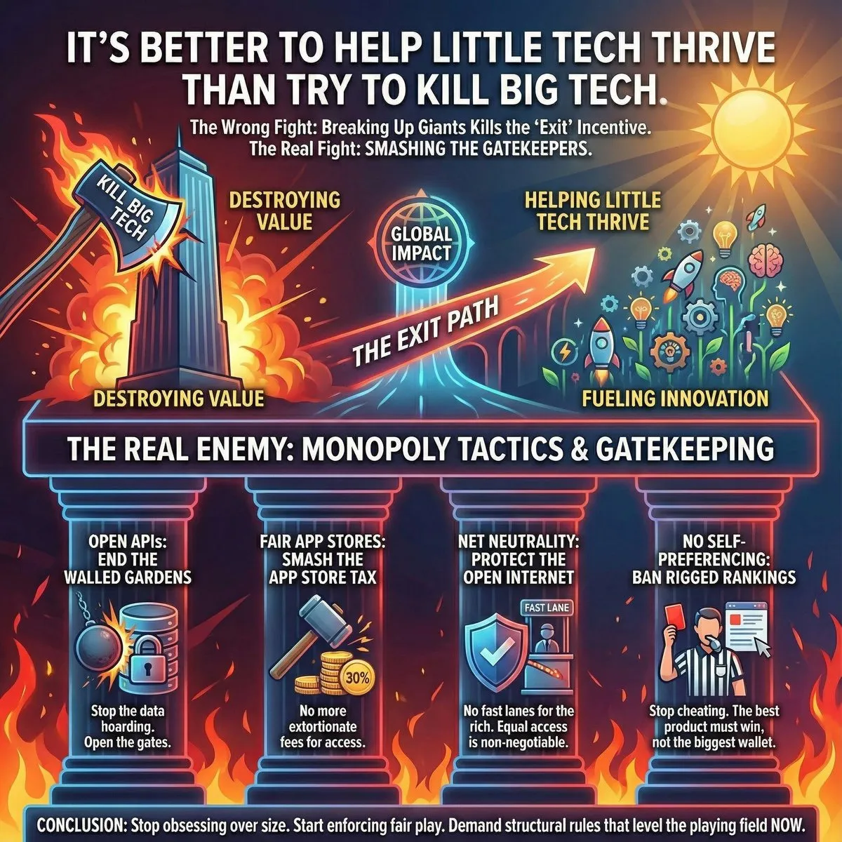 IT'S BETTER TO HELP LITTLE TECH THRIVE
THAN TRY TO KILL BIG TECH.

The Wrong Fight: Breaking Up Giants Kills the 'Exit' Incentive.
The Real Fight: SMASHING THE GATEKEEPERS.

KILL BIG TECH

DESTROYING VALUE

GLOBAL IMPACT

HELPING LITTLE TECH THRIVE

THE EXIT PATH

DESTROYING VALUE

FUELING INNOVATION

THE REAL ENEMY: MONOPOLY TACTICS & GATEKEEPING

OPEN APIs:
END THE WALLED GARDENS

Stop the data hoarding.
Open the gates.

FAIR APP STORES:
SMASH THE APP STORE TAX

30%

No more extortionate fe...