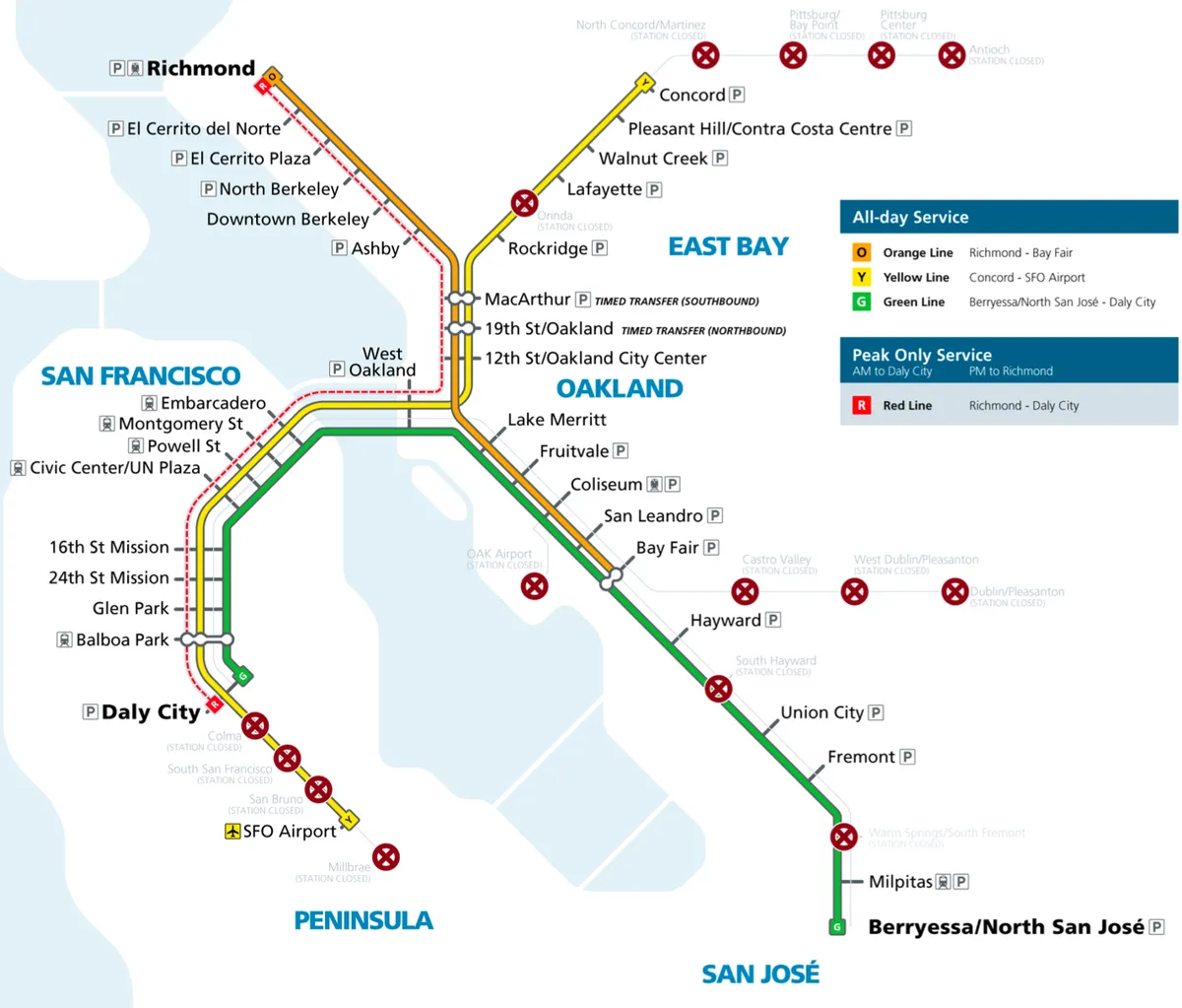 Richmond
El Cerrito del Norte
El Cerrito Plaza
North Berkeley
Downtown Berkeley
Ashby
MacArthur TIMED TRANSFER (SOUTHBOUND)
19th St/Oakland TIMED TRANSFER (NORTHBOUND)
12th St/Oakland City Center
West Oakland
Embarcadero
Montgomery St
Powell St
Civic Center/UN Plaza
16th St Mission
24th St Mission
Glen Park
Balboa Park
Daly City
Colma (STATION CLOSED)
South San Francisco (STATION CLOSED)
San Bruno (STATION CLOSED)
SFO Airport
Millbrae (STATION CLOSED)
Orinda (STATION CLOSED)
Rockridge
Lake Me...