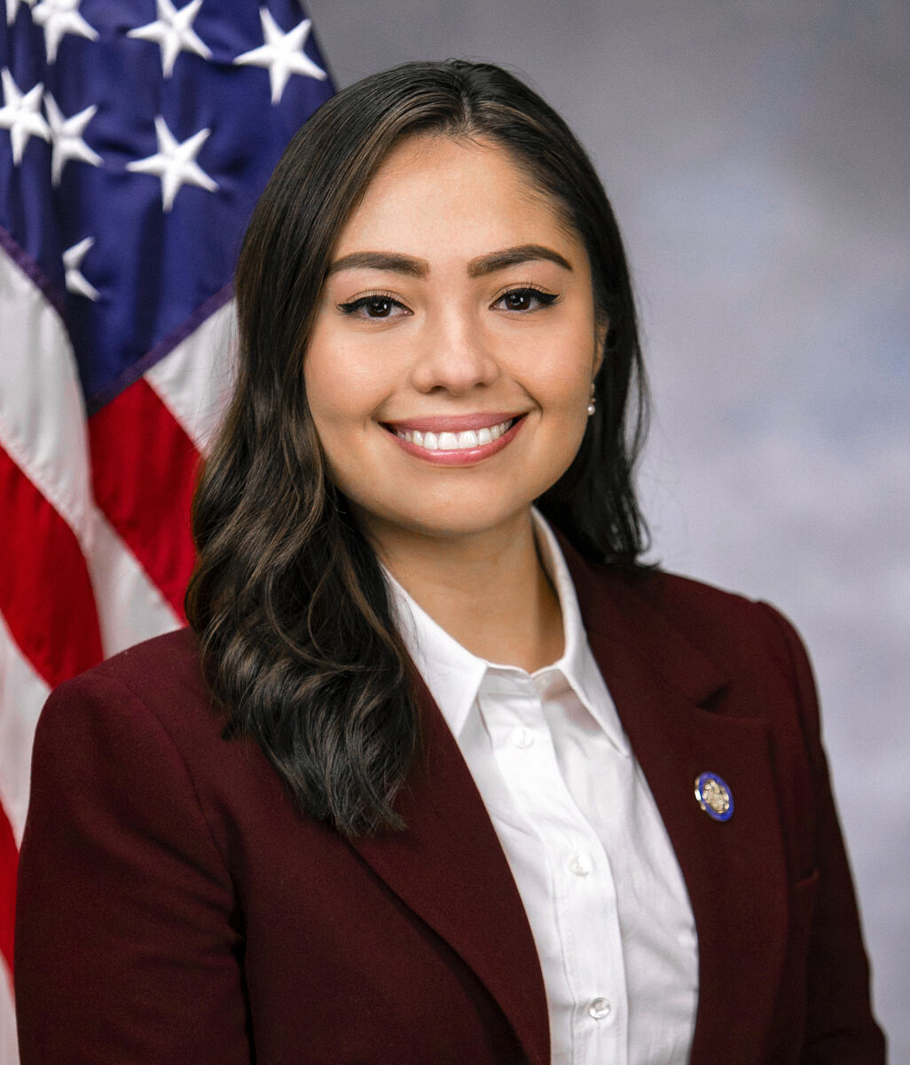 This is a formal official portrait photograph, likely a government or legislative headshot. The image features a young woman with long dark wavy hair, wearing a dark burgundy/maroon blazer over a white collared shirt, with a small circular blue pin/lapel badge on her left lapel. She is smiling warmly and directly at the camera. The background consists of a blurred American flag on the left side and a neutral gray studio backdrop on the right. The composition, lighting, and styling are consist...
