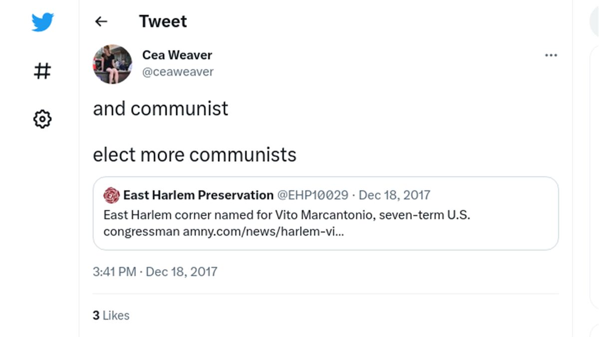 Tweet

Cea Weaver
@ceaweaver

and communist

elect more communists

East Harlem Preservation @EHP10029 · Dec 18, 2017
East Harlem corner named for Vito Marcantonio, seven-term U.S. congressman amny.com/news/harlem-vi...

3:41 PM · Dec 18, 2017

3 Likes