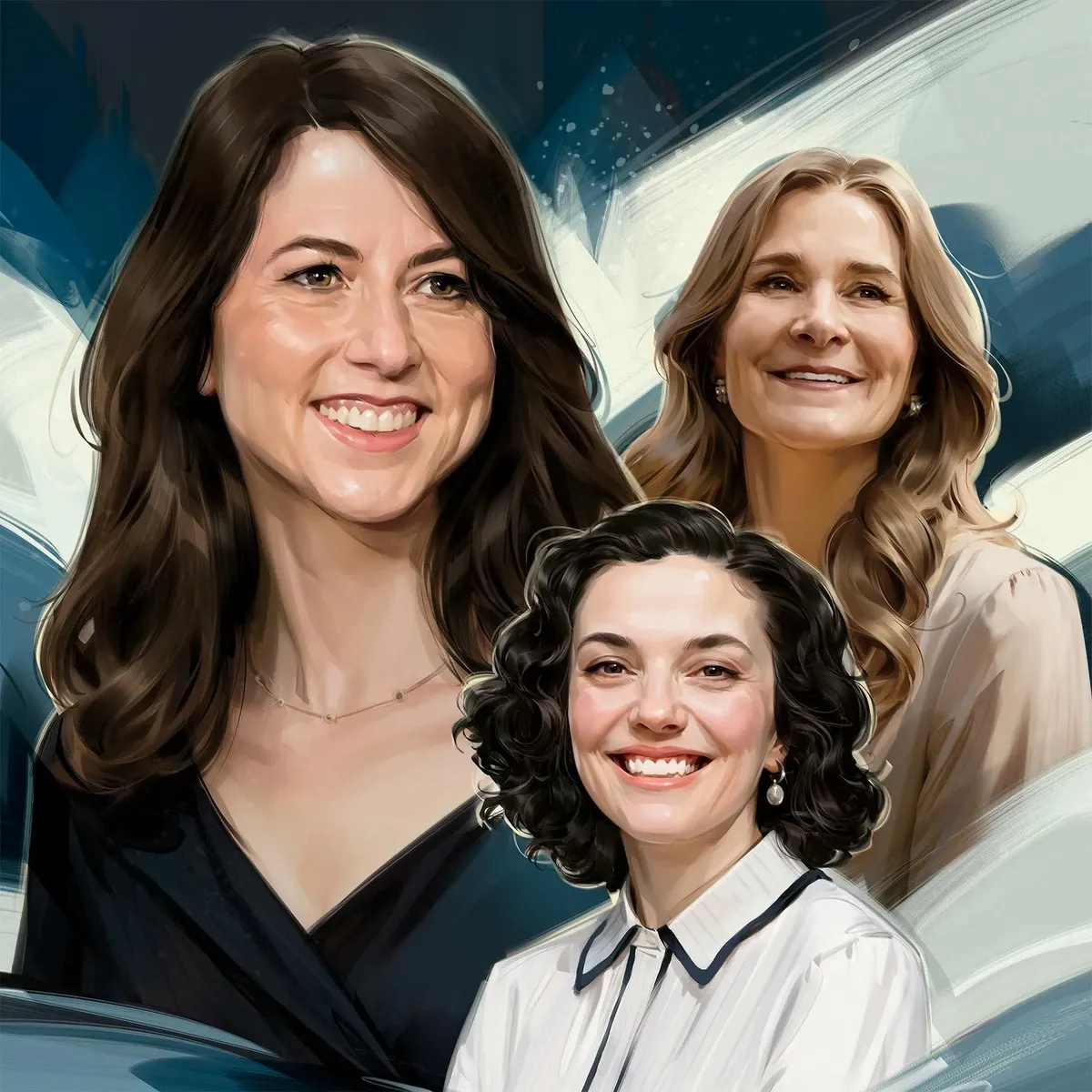 This is a stylized digital portrait illustration featuring three women arranged in an artistic composition against a blue and white abstract background with flowing, dynamic elements. The image has a polished, professional quality with smooth digital painting techniques. The woman on the left has long dark brown hair and wears a dark colored top, positioned prominently in the foreground. In the center-bottom is a woman with short, curly dark hair wearing a white collared shirt with dark trim....