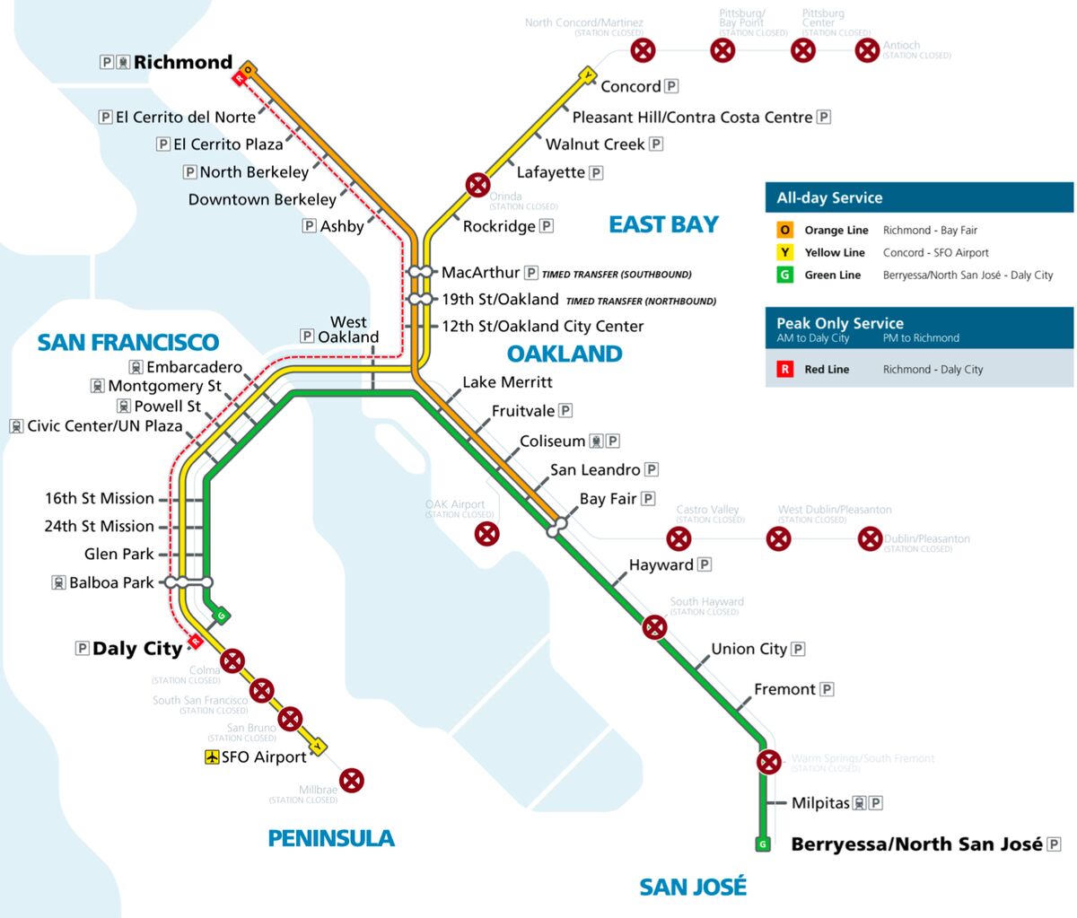 Richmond
El Cerrito del Norte
El Cerrito Plaza
North Berkeley
Downtown Berkeley
Ashby
MacArthur TIMED TRANSFER (SOUTHBOUND)
19th St/Oakland TIMED TRANSFER (NORTHBOUND)
12th St/Oakland City Center
West Oakland
Embarcadero
Montgomery St
Powell St
Civic Center/UN Plaza
16th St Mission
24th St Mission
Glen Park
Balboa Park
Daly City
Colma (STATION CLOSED)
South San Francisco (STATION CLOSED)
San Bruno (STATION CLOSED)
SFO Airport
Millbrae (STATION CLOSED)
Orinda (STATION CLOSED)
Rockridge
Lake Me...