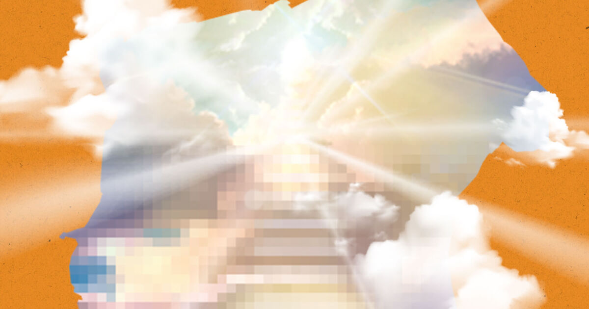 This appears to be an artistic or abstract digital image featuring a dreamy, ethereal composition. The image shows a silhouette of a human head in profile against a warm orange/amber background with white puffy clouds. The head silhouette contains a double-exposure effect or overlay featuring what appears to be architectural elements - possibly stairs or stepped structures - rendered in soft, translucent tones of blue, white, and cream. The overall style is surreal and contemplative, suggesti...