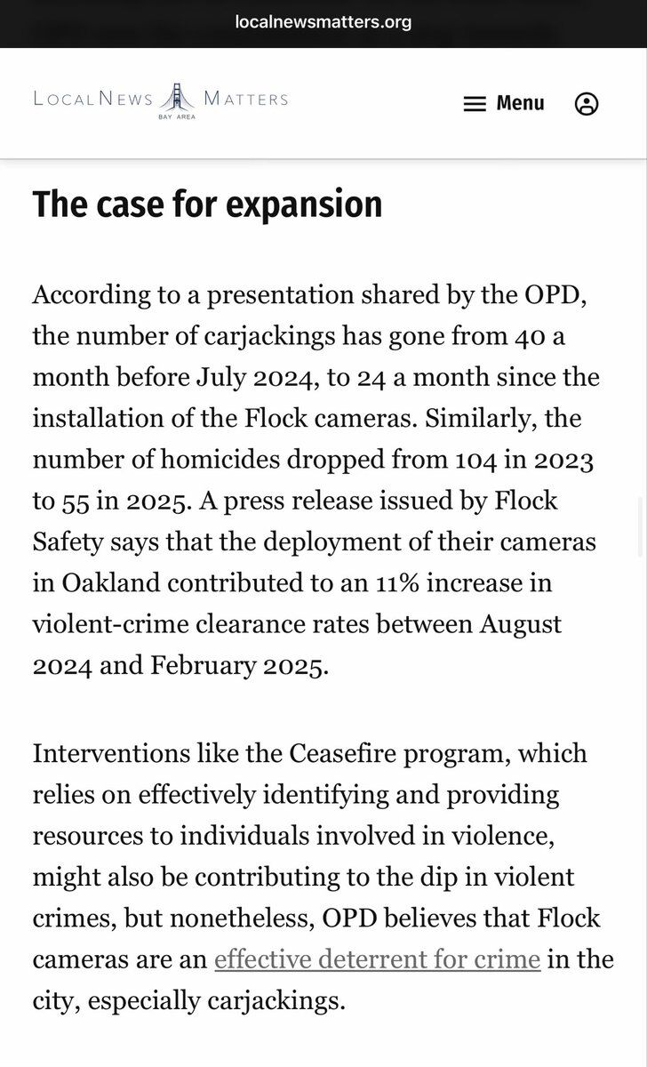 localnewsmatters.org

LOCALNEWS MATTERS
BAY AREA

Menu

The case for expansion

According to a presentation shared by the OPD, the number of carjackings has gone from 40 a month before July 2024, to 24 a month since the installation of the Flock cameras. Similarly, the number of homicides dropped from 104 in 2023 to 55 in 2025. A press release issued by Flock Safety says that the deployment of their cameras in Oakland contributed to an 11% increase in violent-crime clearance rates between Aug...