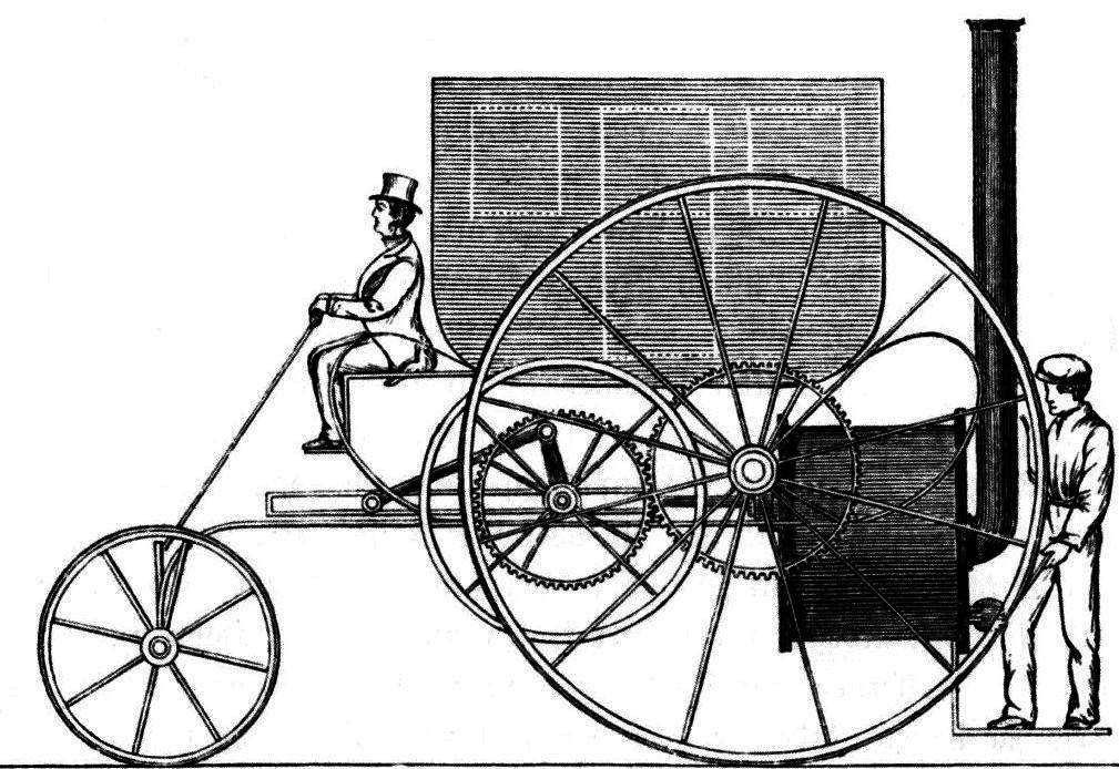 This is a detailed black and white technical illustration or engraving, likely from the 19th century, depicting an early steam-powered road vehicle or steam carriage. The drawing style is characteristic of Victorian-era technical publications, with fine cross-hatching and precise linework. The vehicle features large spoked wheels, a prominent steam boiler with a tall vertical smokestack, and visible gear mechanisms including large toothed gears. A well-dressed gentleman wearing a top hat is s...