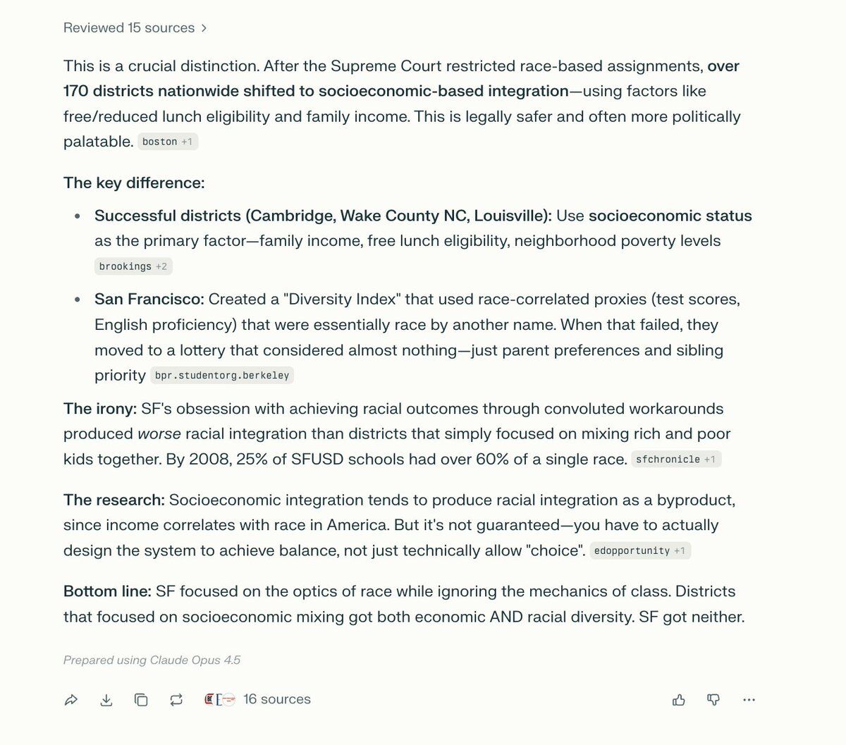 Reviewed 15 sources >

This is a crucial distinction. After the Supreme Court restricted race-based assignments, over 170 districts nationwide shifted to socioeconomic-based integration—using factors like free/reduced lunch eligibility and family income. This is legally safer and often more politically palatable. boston +1

The key difference:

• Successful districts (Cambridge, Wake County NC, Louisville): Use socioeconomic status as the primary factor—family income, free lunch eligibility, ...